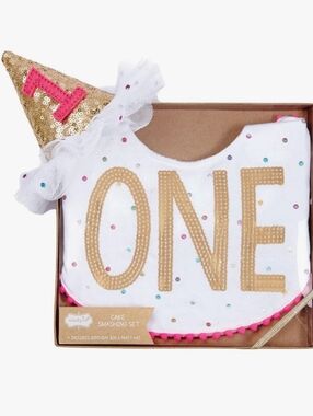 Mud Pie  1st Birthday Bib & Gold Sequin Party Hat Set with Pink Accents